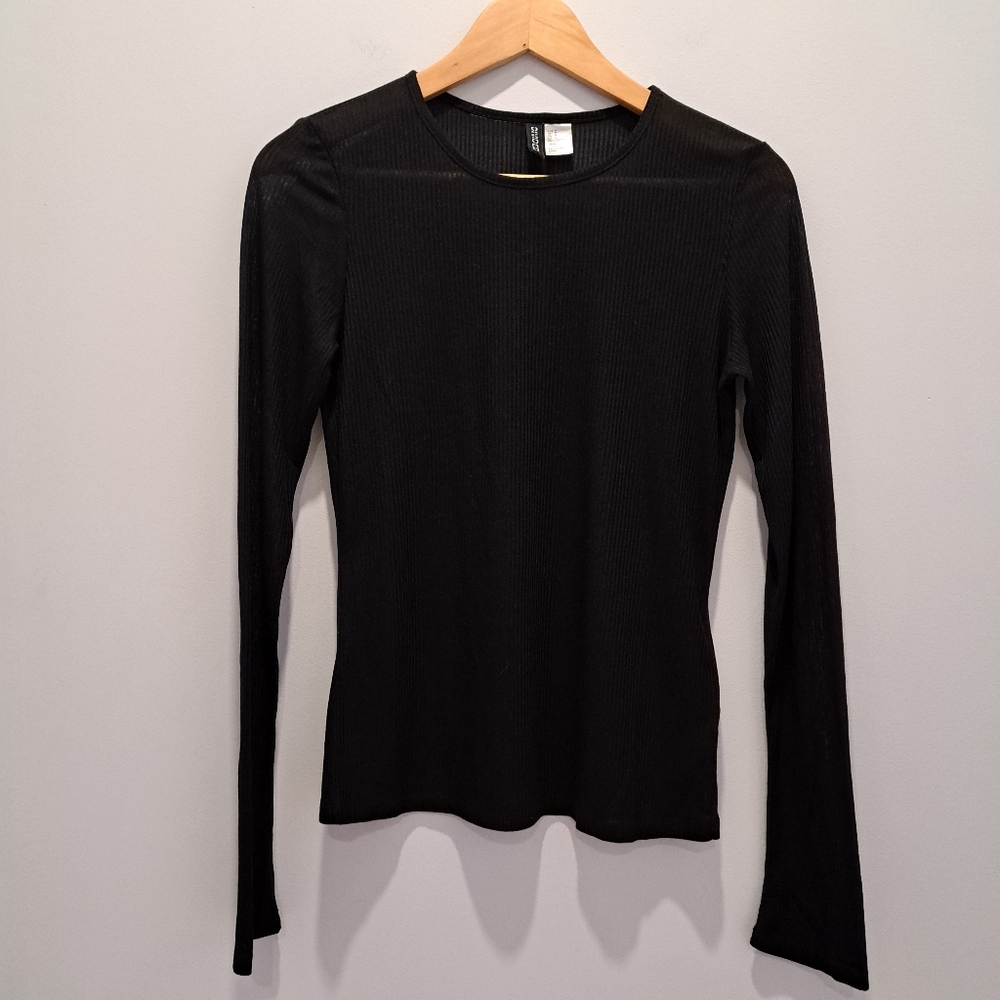 Black Transparent Ribbed Long Sleeve Goth Whimsigoth Grunge Y2K Top Womens M